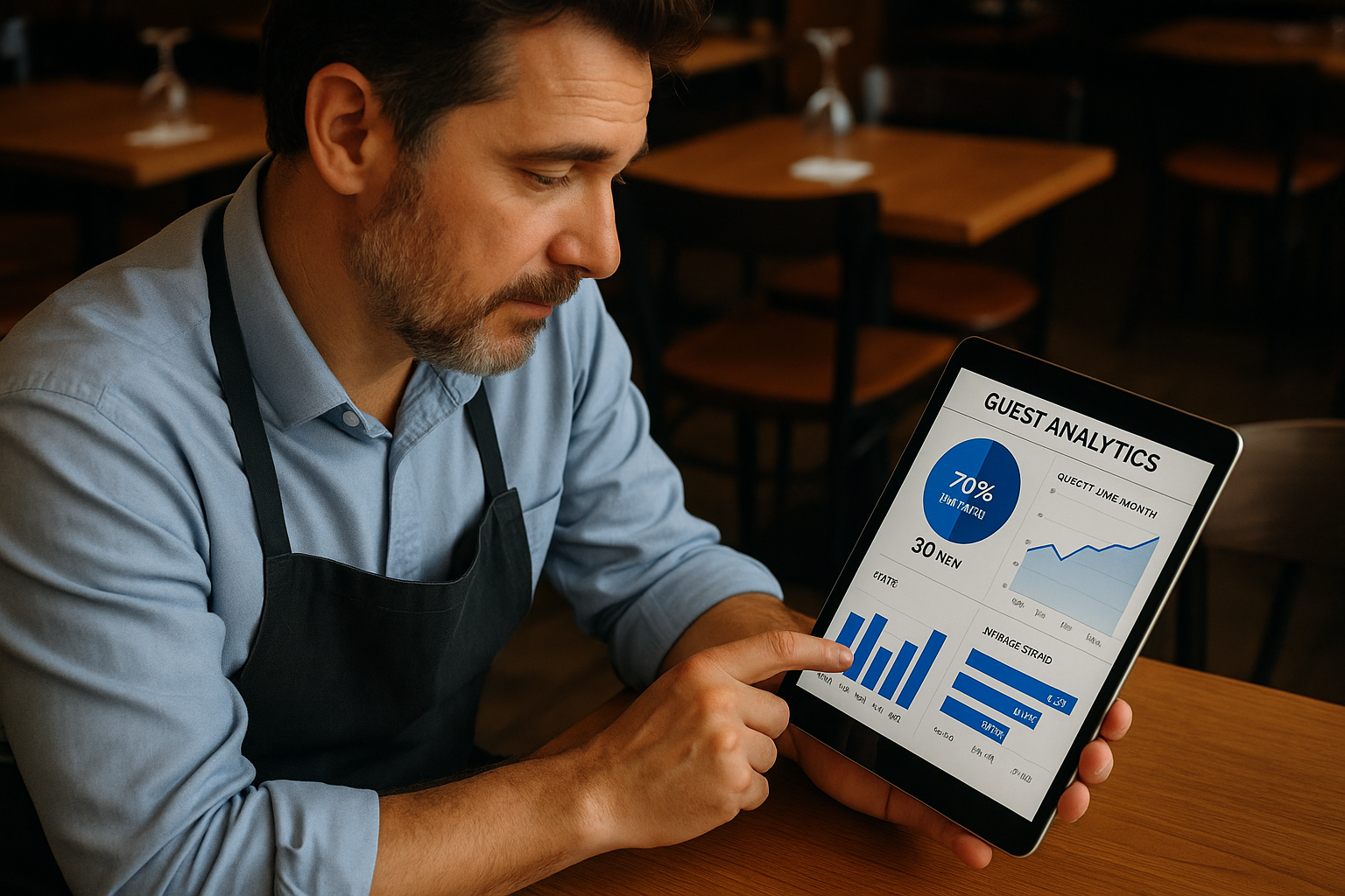 a restaurant owner looking at a guest analytics dashboard on a tablet while sitting at a restaurant table-1