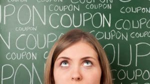woman with the word coupon behind her
